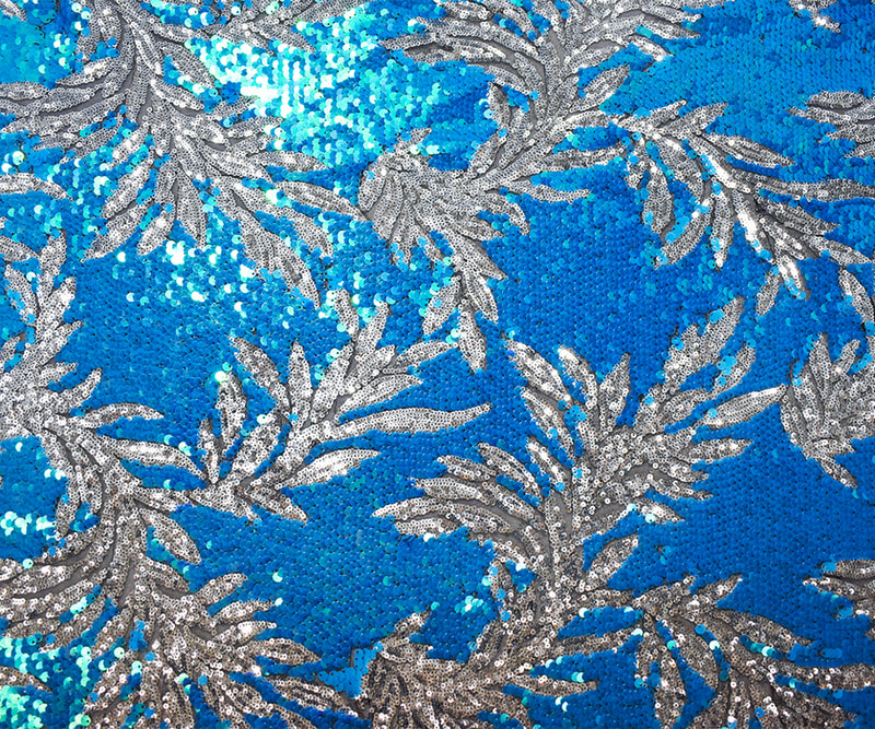 2 YD PC-Ocean Blue-Silver Leaf Sequined Mesh Tulle Fabric