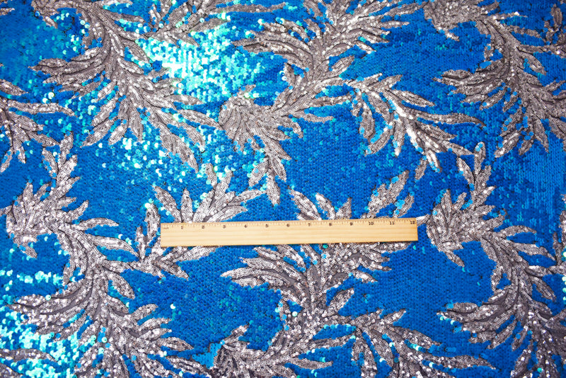 2 YD PC-Ocean Blue-Silver Leaf Sequined Mesh Tulle Fabric