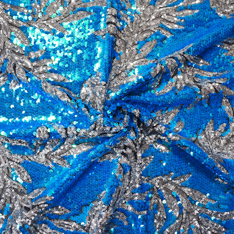 2 YD PC-Ocean Blue-Silver Leaf Sequined Mesh Tulle Fabric