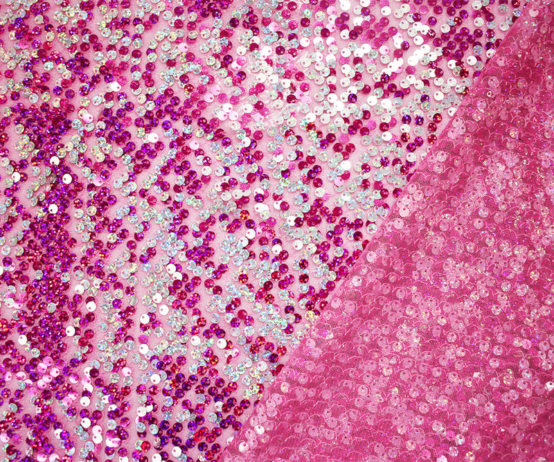 Pink-Magenta-Silver Nylon Sequined Tulle Fabric