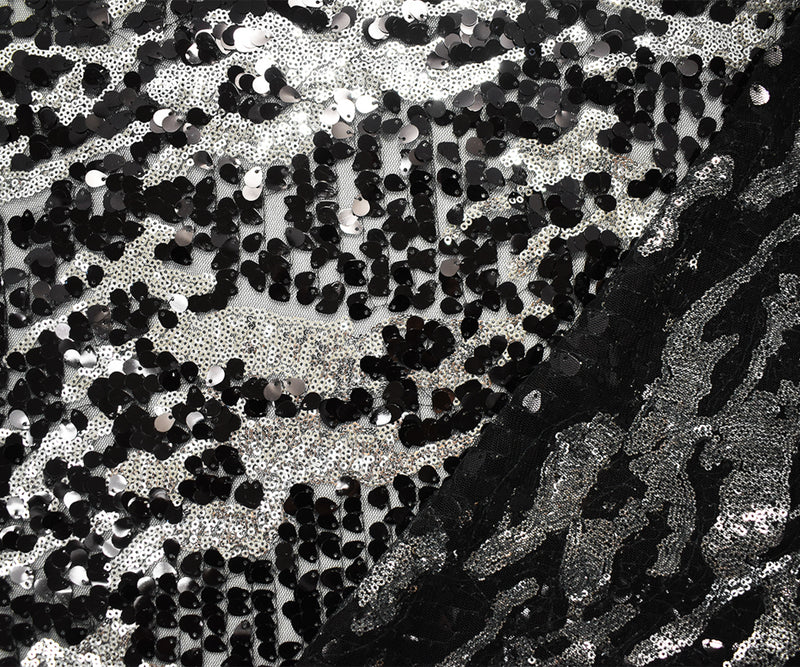 Black-Metallic Silver Nylon Abstract Sequin Tulle Mesh Fabric