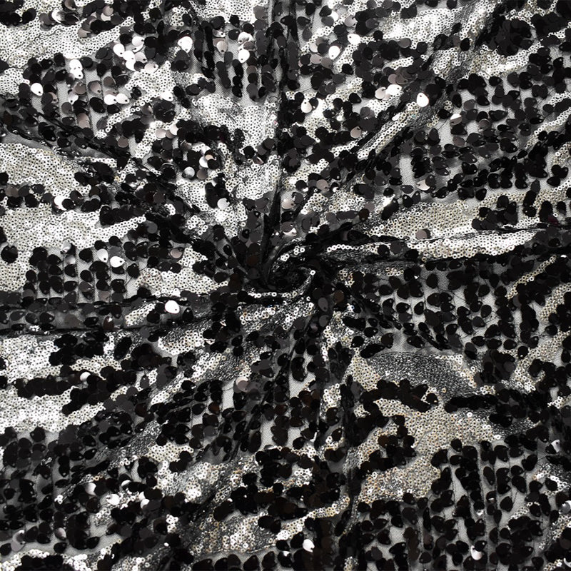 Black-Metallic Silver Nylon Abstract Sequin Tulle Mesh Fabric