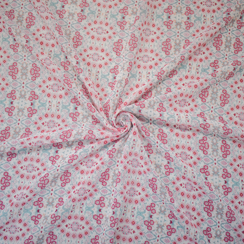 Pink-White-Multi Poly Floral Printed Chiffon Woven Fabric