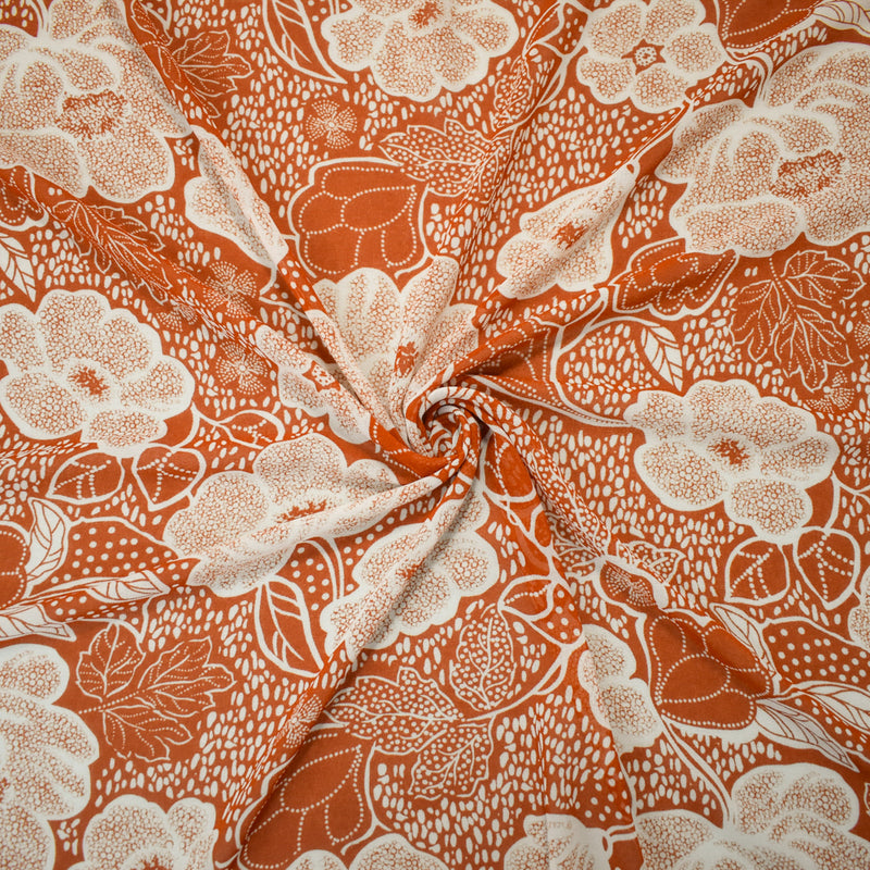 Brown-White Poly Floral Printed Crepe Chiffon Woven Fabric