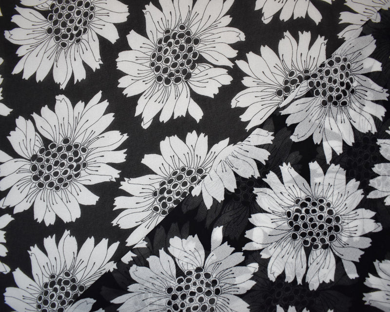 Black-White Poly Floral Printed Pebble Chiffon Woven Fabric