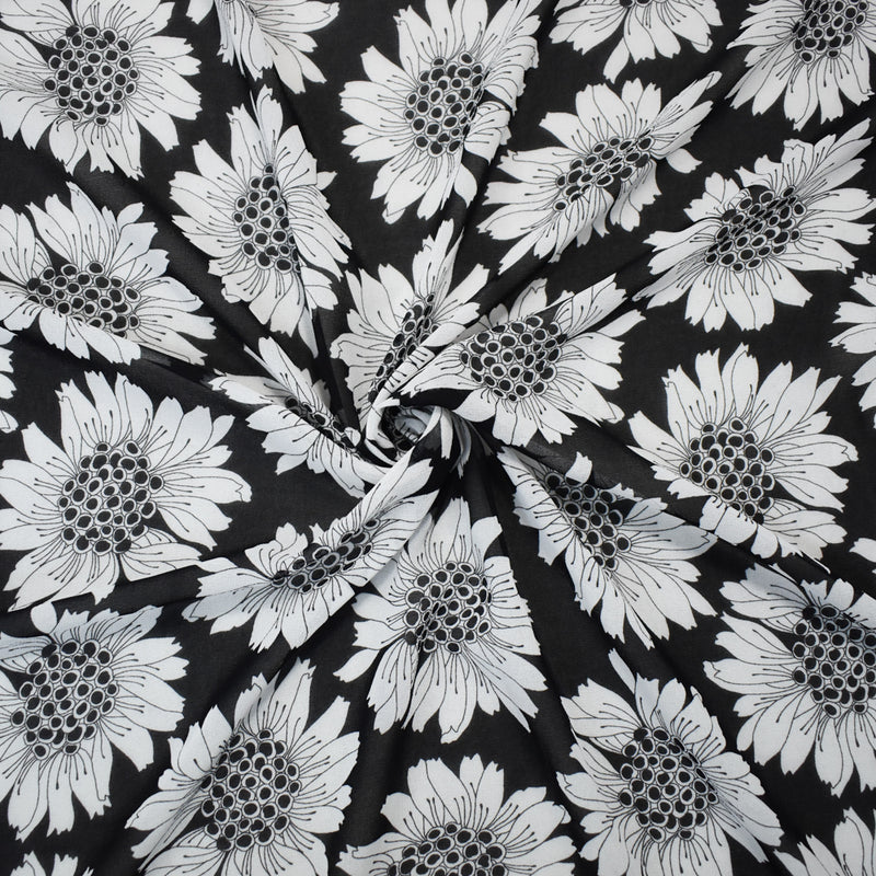 Black-White Poly Floral Printed Pebble Chiffon Woven Fabric