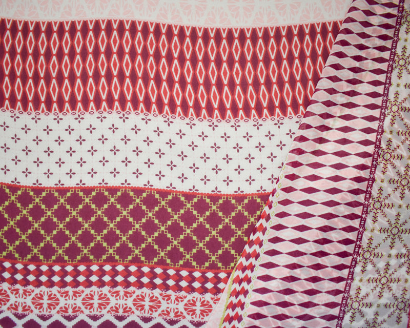 Red-White-Multi Poly Abstract Diamond Stripe Printed Chiffon Woven Fabric