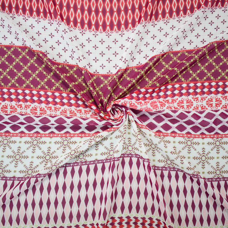 Red-White-Multi Poly Abstract Diamond Stripe Printed Chiffon Woven Fabric