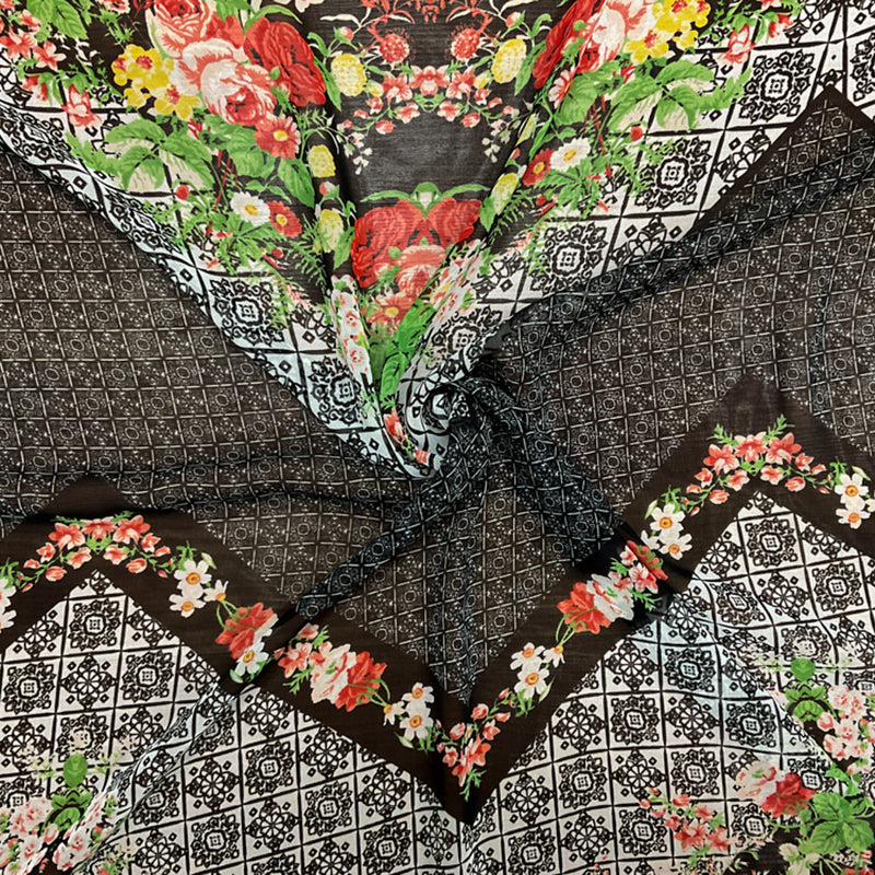 Black-Red-Multi Poly Floral Wave Printed Chiffon Woven Fabric