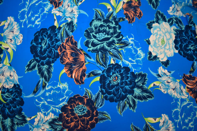 3 YD PC-Blue-Turquoise-Multi Poly Floral Print Pebble Crepe Woven Fabric