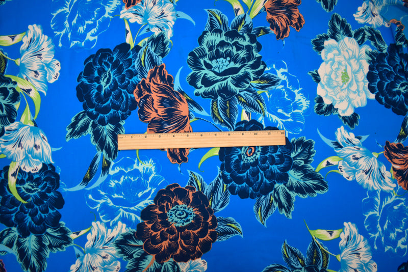 3 YD PC-Blue-Turquoise-Multi Poly Floral Print Pebble Crepe Woven Fabric