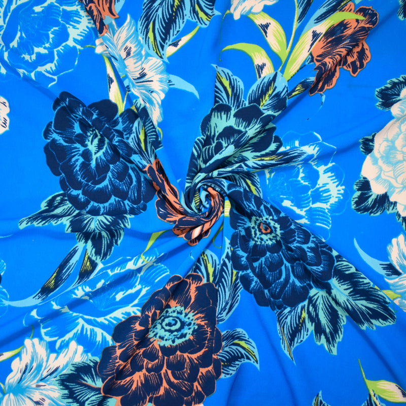 3 YD PC-Blue-Turquoise-Multi Poly Floral Print Pebble Crepe Woven Fabric