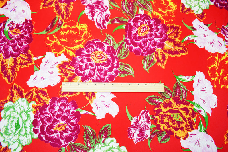 Red-Purple-Multi Poly Floral Print Pebble Crepe Woven Fabric