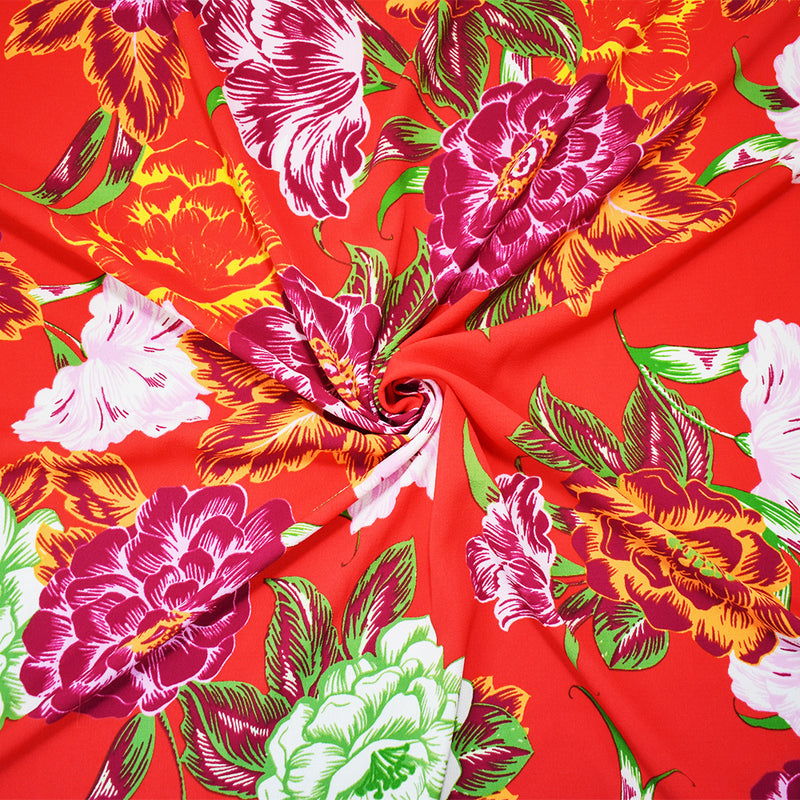 Red-Purple-Multi Poly Floral Print Pebble Crepe Woven Fabric