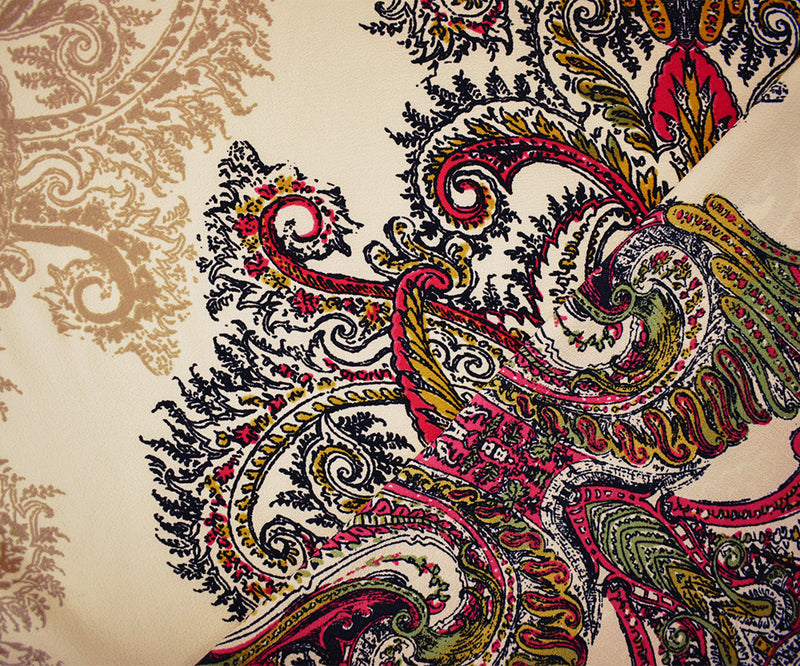 Beige-Red-Multi Poly Paisley Border Printed Pebble Crepe Woven Fabric