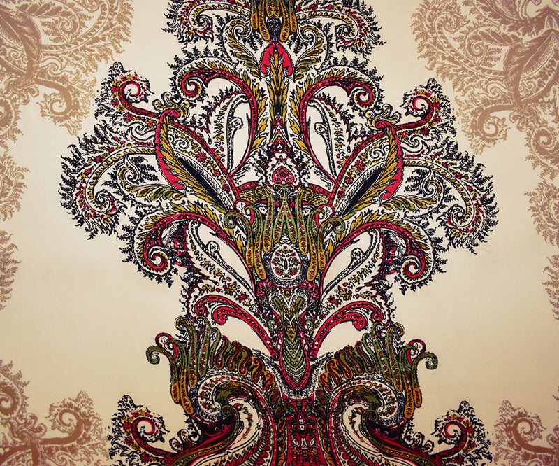 Beige-Red-Multi Poly Paisley Border Printed Pebble Crepe Woven Fabric