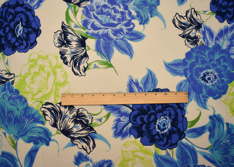 Ivory-Blue-Multi Poly Floral Print Pebble Crepe Woven Fabric