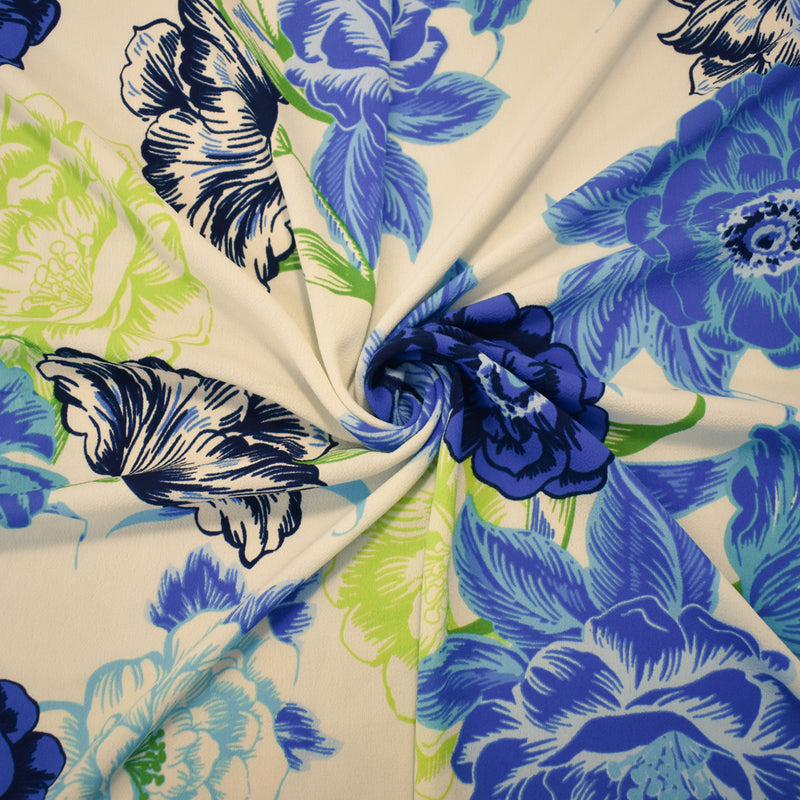 Ivory-Blue-Multi Poly Floral Print Pebble Crepe Woven Fabric
