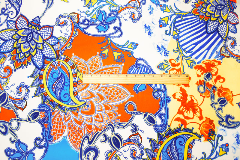 Blue-Ivory-Multi Poly Paisely Floral Print Pebble Crepe Woven Fabric