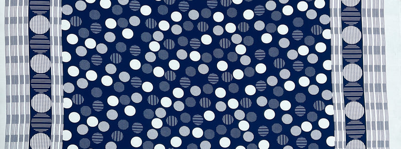 Blue-White Poly Circle Abstract Printed Pebble Crepe Woven Fabric