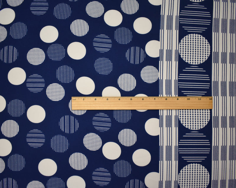 Blue-White Poly Circle Abstract Printed Pebble Crepe Woven Fabric