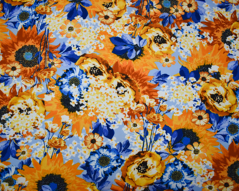 Orange-Blue-Multi Poly Floral Print Pebble Crepe Woven Fabric