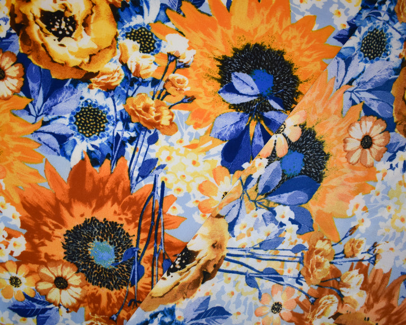 Orange-Blue-Multi Poly Floral Print Pebble Crepe Woven Fabric