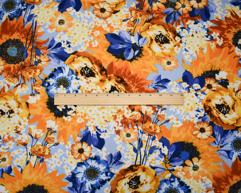 Orange-Blue-Multi Poly Floral Print Pebble Crepe Woven Fabric