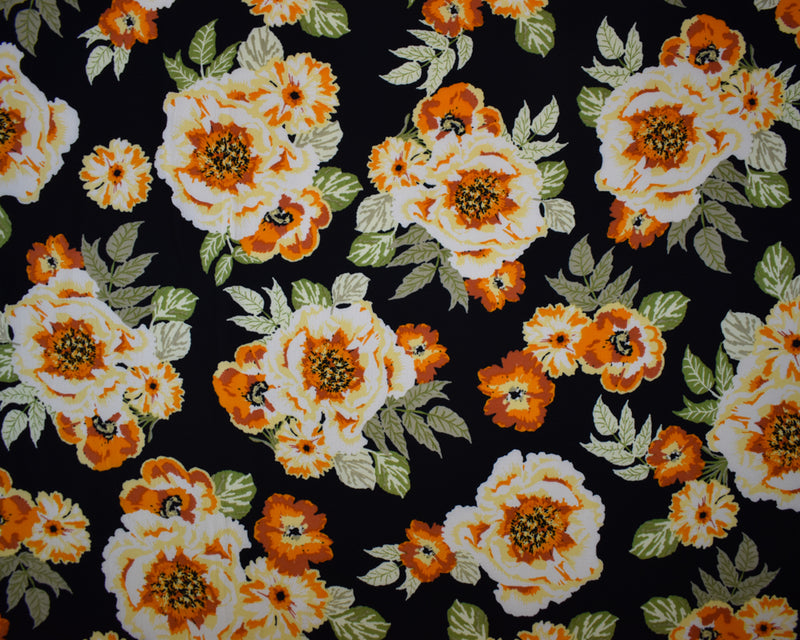 Black-Orange-Multi Poly Floral Stripe Geometry Border Print Pebble Crepe Woven Fabric