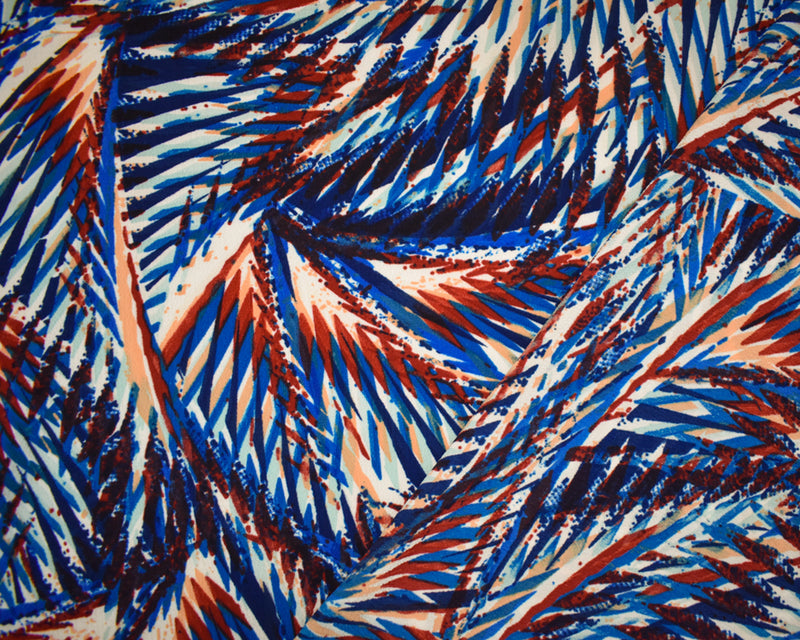 Blue-Red-Multi Poly Abstract Palm Tree Printed Pebble Crepe Woven Fabric