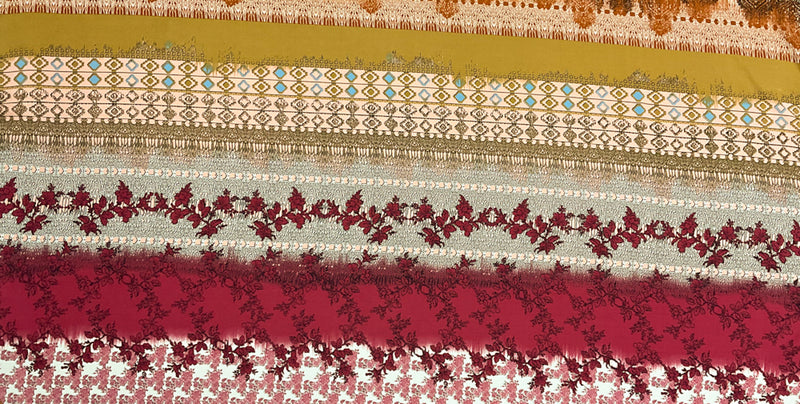 Brown-Red-Multi Poly Stripe Multi Pattern Printed Georgette Woven Fabric
