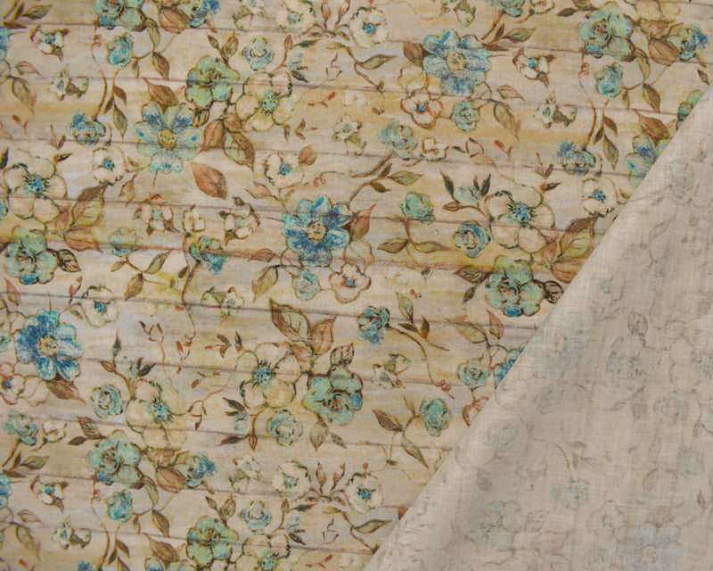 1 1/4 YD PC-Teal-Ivory-Multi Cotton Susan Winget Floral Wood Printed Quilting Woven Fabric