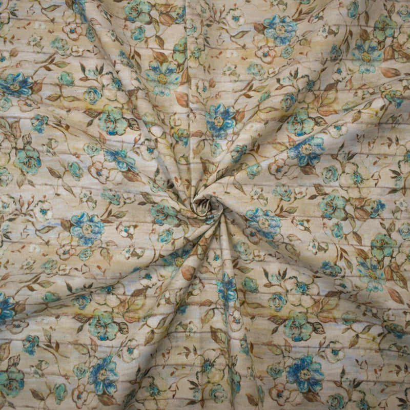 1 1/4 YD PC-Teal-Ivory-Multi Cotton Susan Winget Floral Wood Printed Quilting Woven Fabric