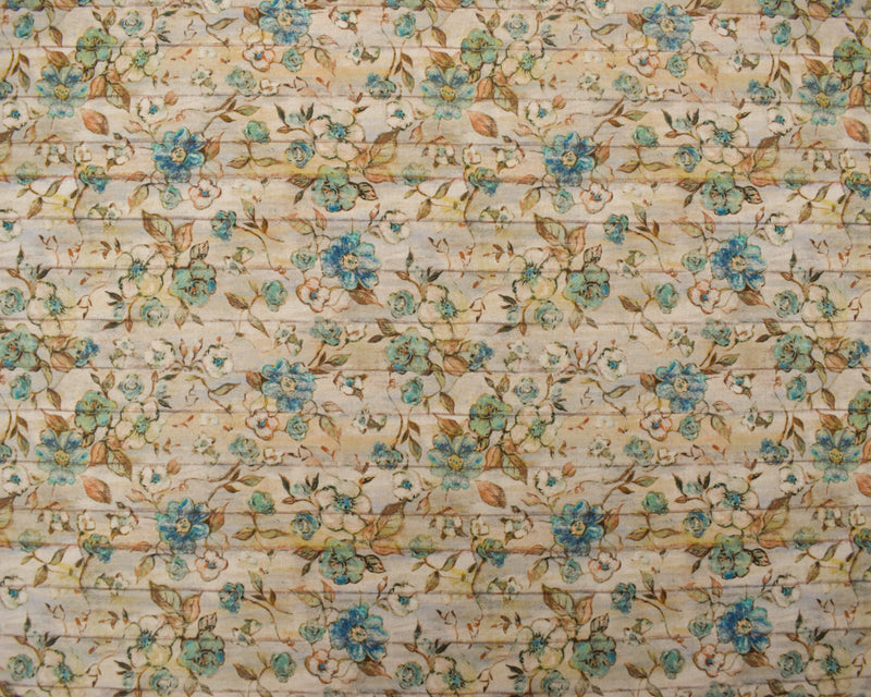 1 1/4 YD PC-Teal-Ivory-Multi Cotton Susan Winget Floral Wood Printed Quilting Woven Fabric