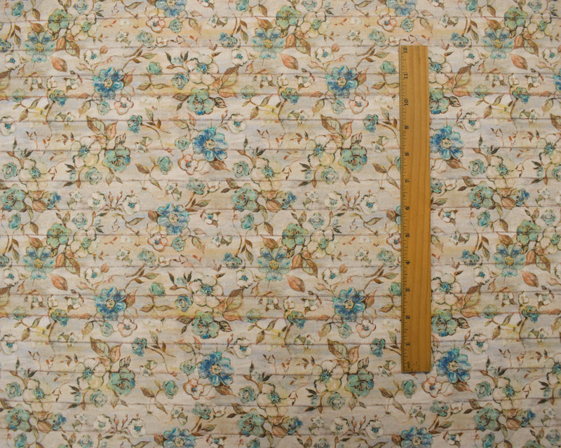 1 1/4 YD PC-Teal-Ivory-Multi Cotton Susan Winget Floral Wood Printed Quilting Woven Fabric