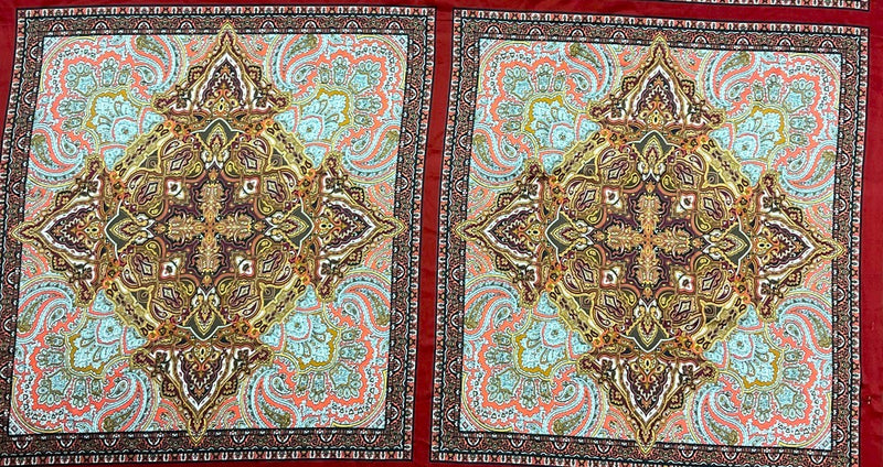 Red-Orange-Multi Polyester Paisley Bandana PANEL Printed Charmeuse Woven Fabric