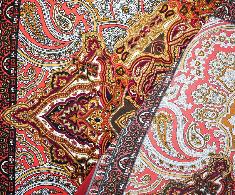 Red-Orange-Multi Polyester Paisley Bandana PANEL Printed Charmeuse Woven Fabric