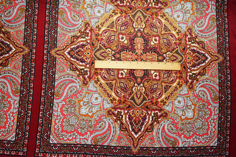Red-Orange-Multi Polyester Paisley Bandana PANEL Printed Charmeuse Woven Fabric