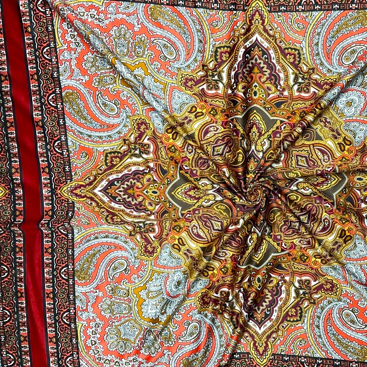 Red-Orange-Multi Polyester Paisley Bandana PANEL Printed Charmeuse Woven Fabric