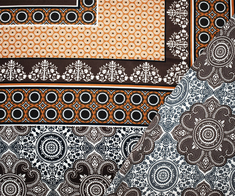 Brown-Multi Poly Bandana PANEL Medallion Printed Charmeuse Woven Fabric