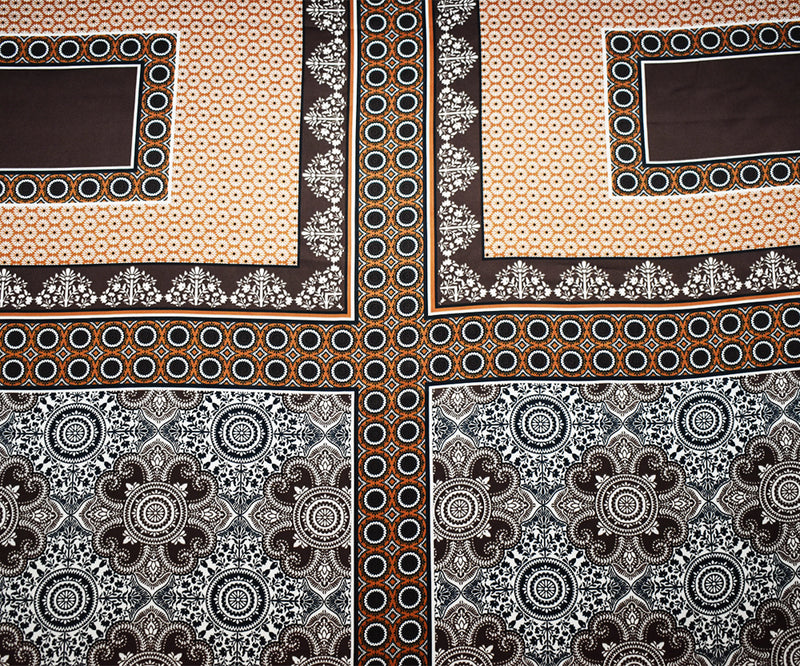 Brown-Multi Poly Bandana PANEL Medallion Printed Charmeuse Woven Fabric