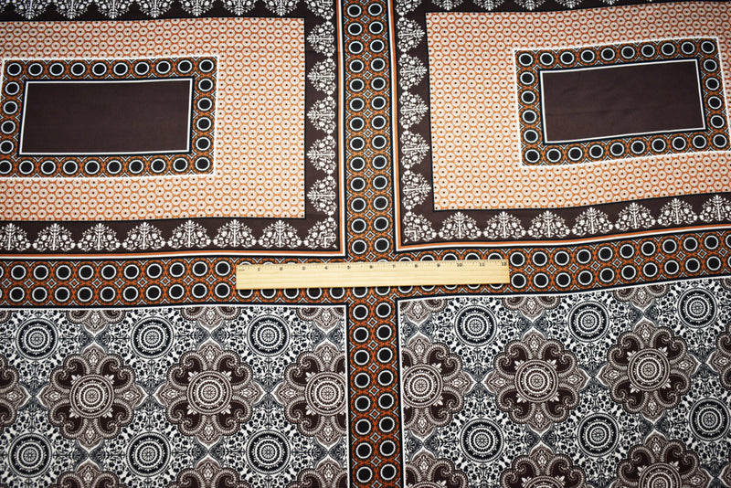 Brown-Multi Poly Bandana PANEL Medallion Printed Charmeuse Woven Fabric