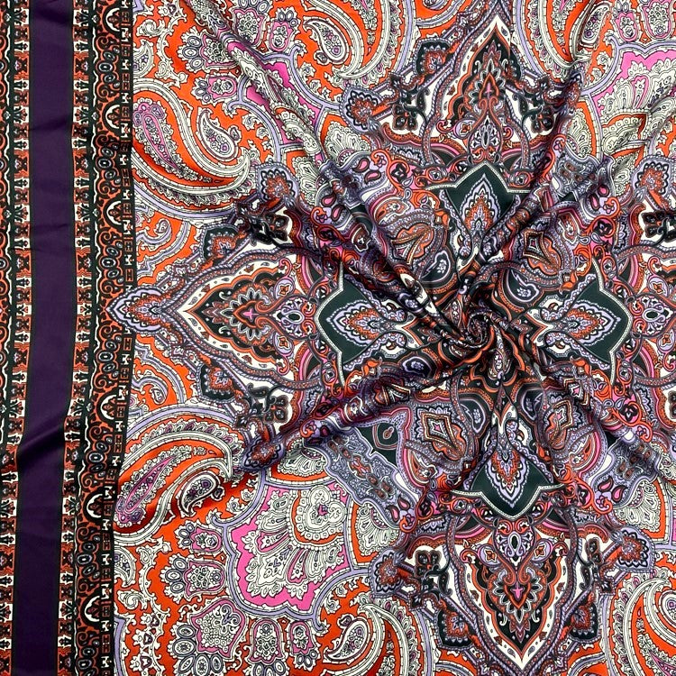 Purple-Orange-Multi Poly Paisley Bandana PANEL Printed Charmeuse Woven Fabric