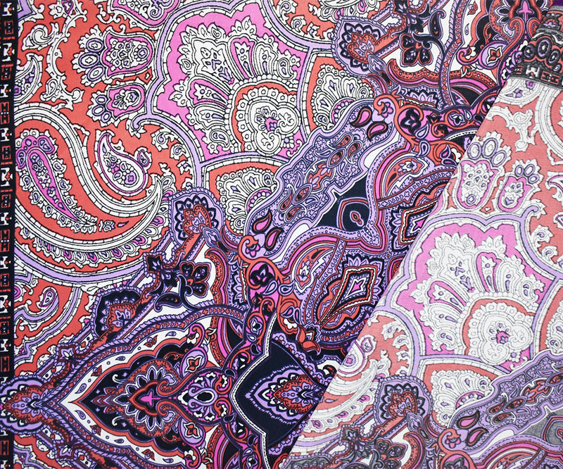 Purple-Orange-Multi Poly Paisley Bandana PANEL Printed Charmeuse Woven Fabric