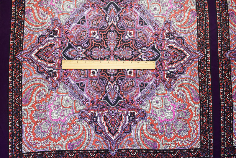 Purple-Orange-Multi Poly Paisley Bandana PANEL Printed Charmeuse Woven Fabric