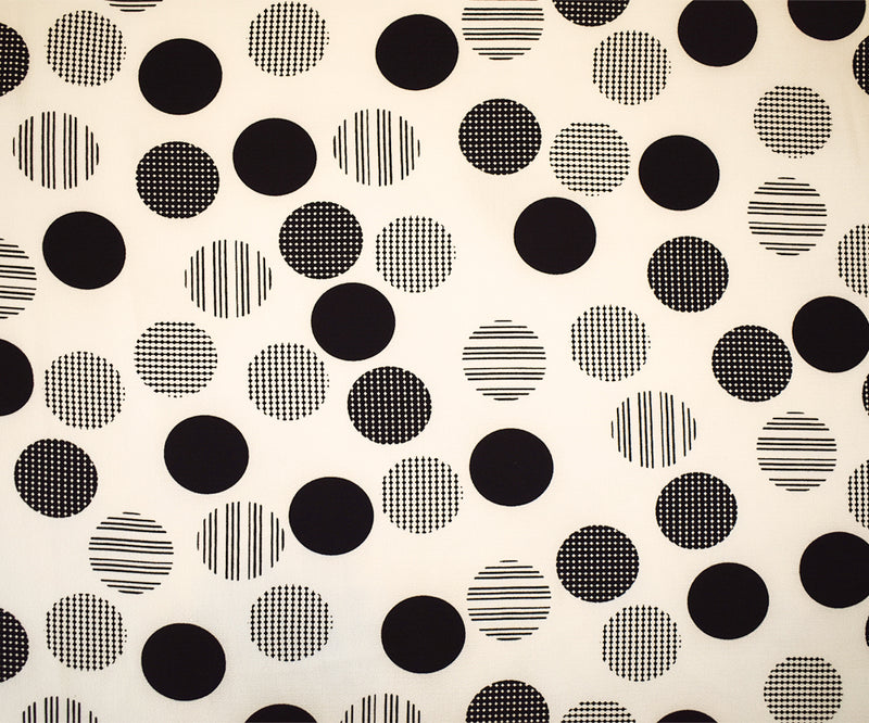 Ivory-Black Poly Circle Abstract Printed Pebble Crepe Woven Fabric