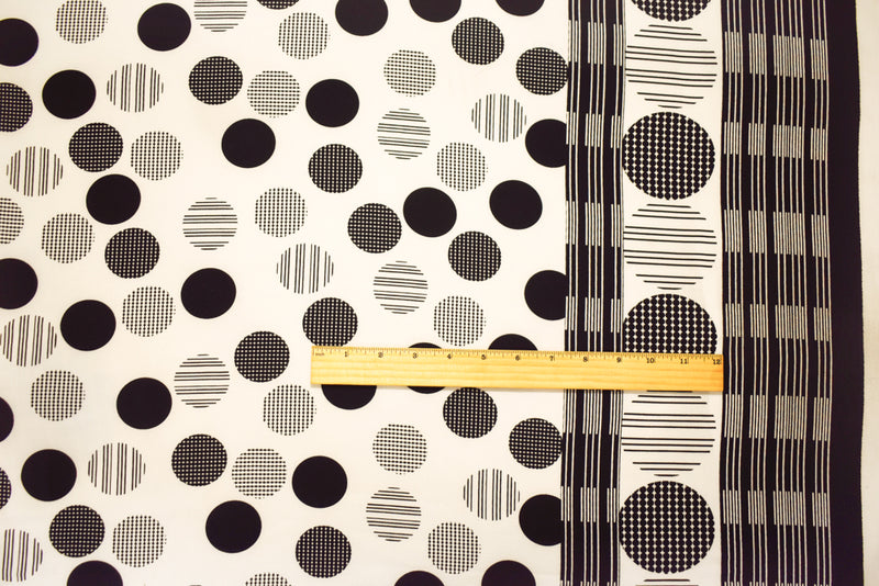 Ivory-Black Poly Circle Abstract Printed Pebble Crepe Woven Fabric
