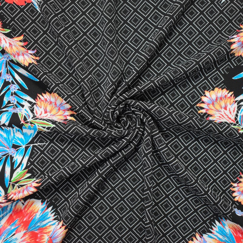 Black-Red-Multi Poly Floral Diamond Border Printed Pebbel Crepe Woven Fabric