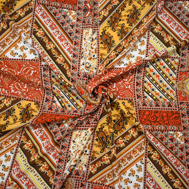 Brown-Multi Poly Paisley Bandana Printed Crepe Georgette Woven Fabric