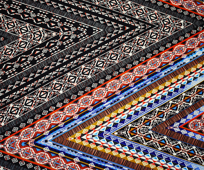 Black-Orange-Multi Poly Aztec Printed Faille Woven Fabric